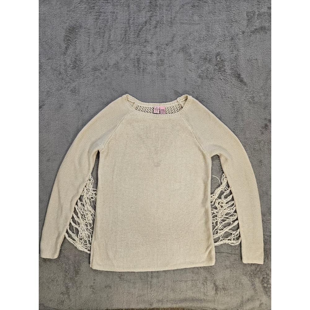 Love On A Hanger Cream Fringe Sleeve Crochet Back Knit‎ Sweater Boho Small
